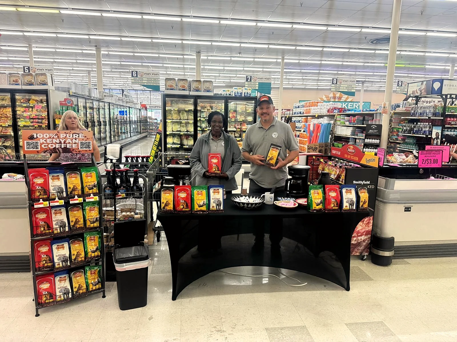 Gibsons coffee packs and a tasting display inside a Piggly Wiggly supermarket in the USA