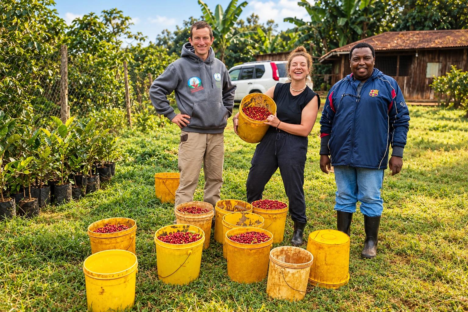 Visitors with freshly picked coffee cherries at the farm