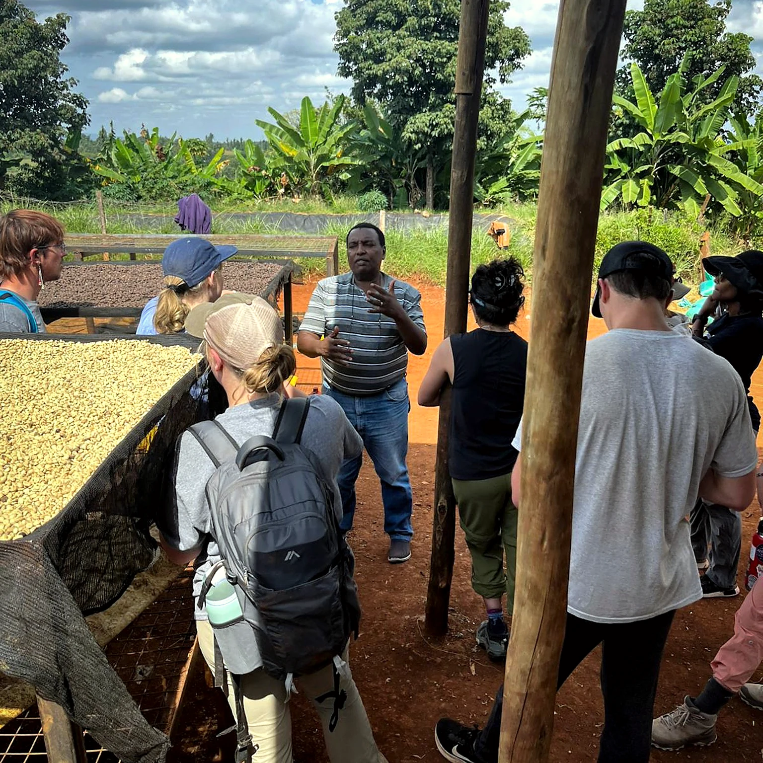 Our host explaining coffee drying to visiting guests